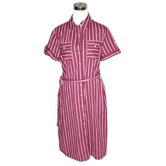 Draper James Red Striped Belted Shirt Dress Size M Excellent - Picture 2 of 9